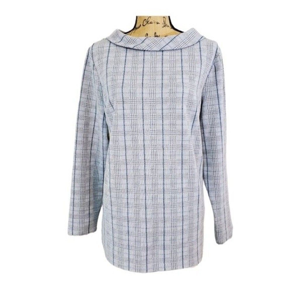 Talbots blouse womens grey blue rolled boat neck collar top size small